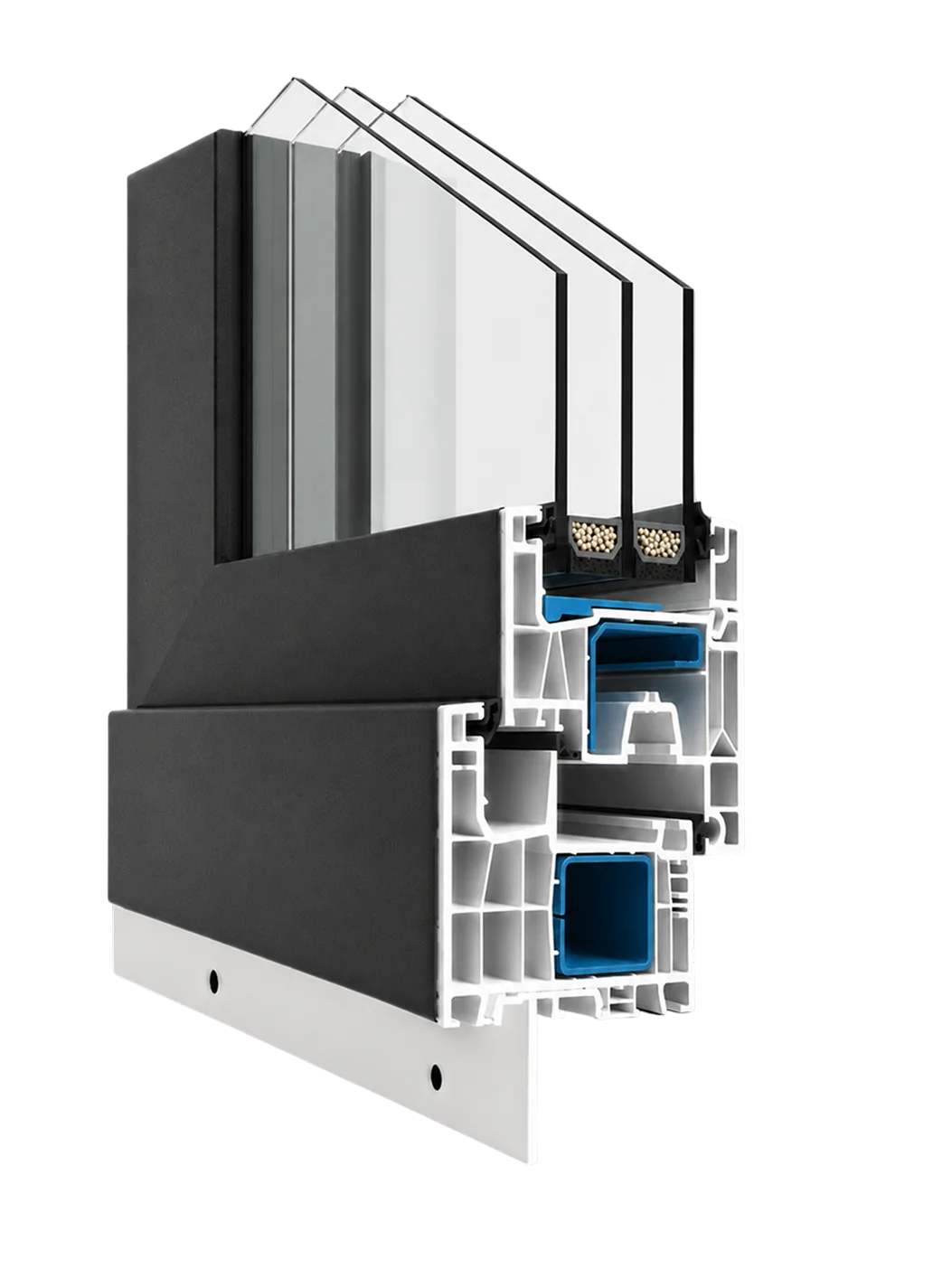 Cut-away view of the Trifect NEO 3.0 window profile showing the triple glass panes, argon-filled spacers, multi-chamber uPVC frame, triple seals, internal steel reinforcement and nailing flange